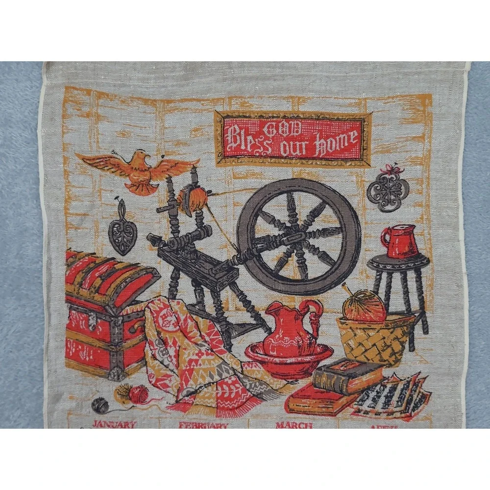 Vintage Linen Wall Calandaer 1967 Folk Art Spinning Wheel‎ 15X26
